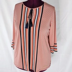 Orange and Black Striped and Print 3/4 Sleeve Top